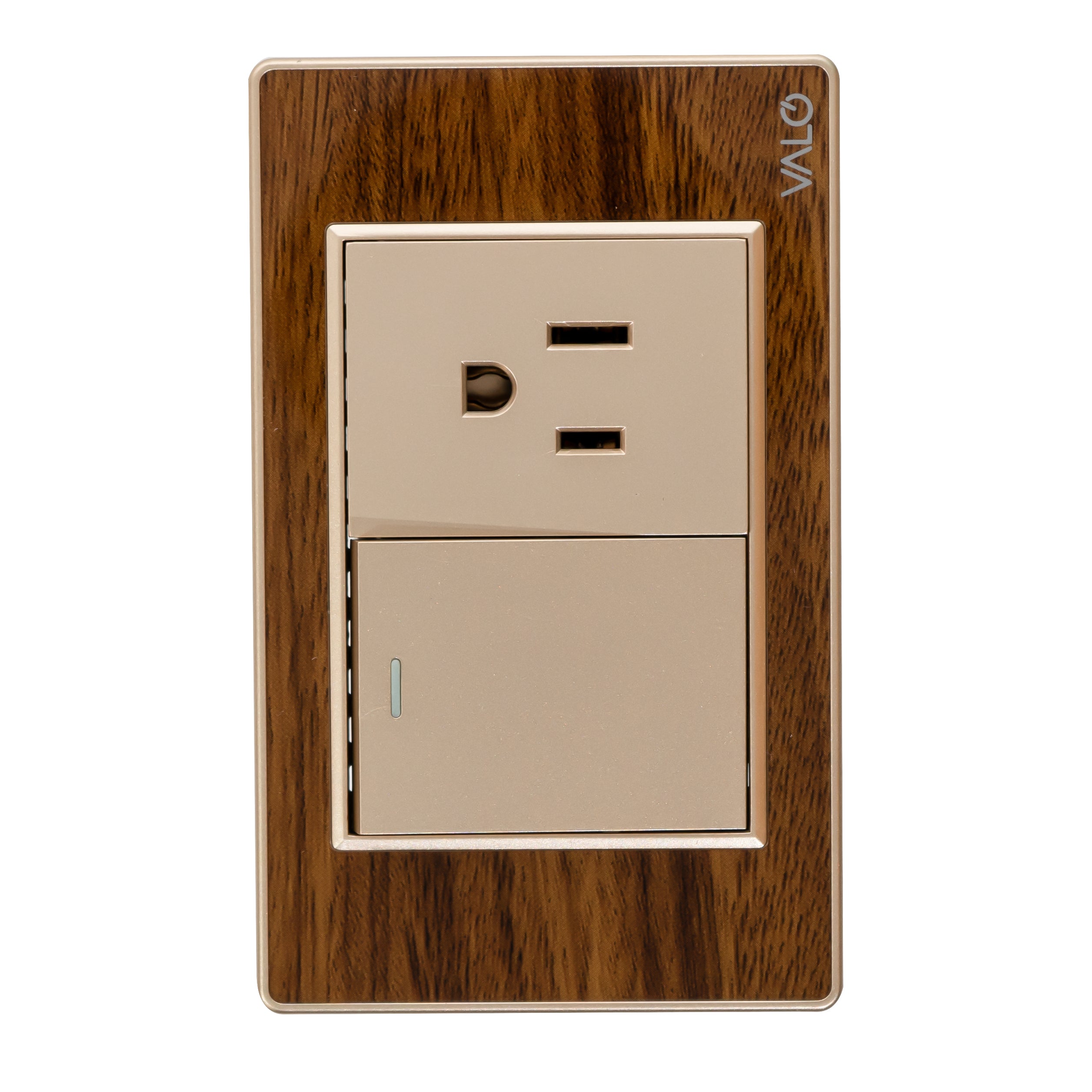 VALO | Placa con Interruptor y clavija acabado en acrílico color madera