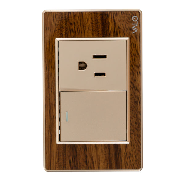 VALO | Placa con Interruptor y clavija acabado en acrílico color madera
