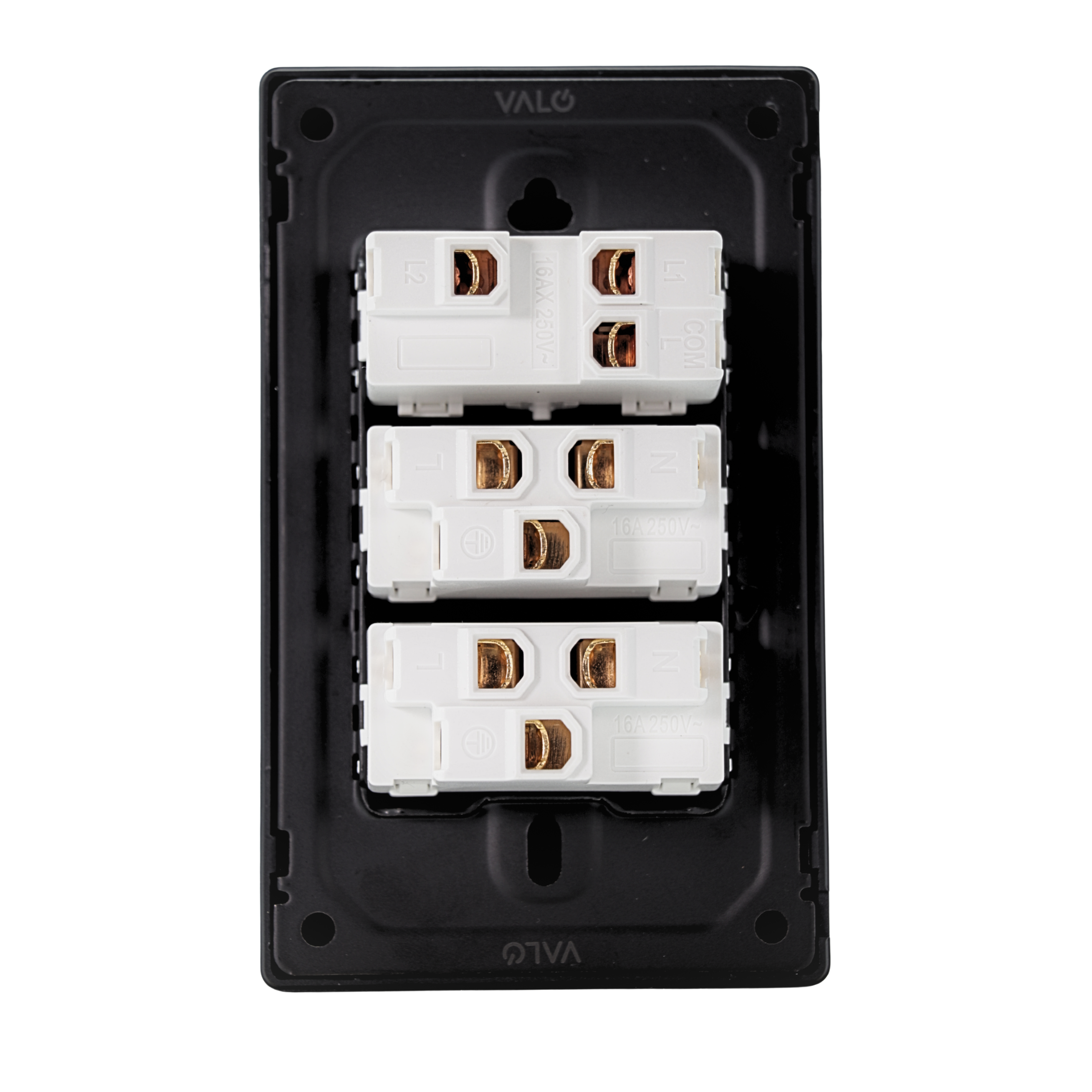VALO | Placa Con un Interruptor y dos Contactos Slim Cristal Negro