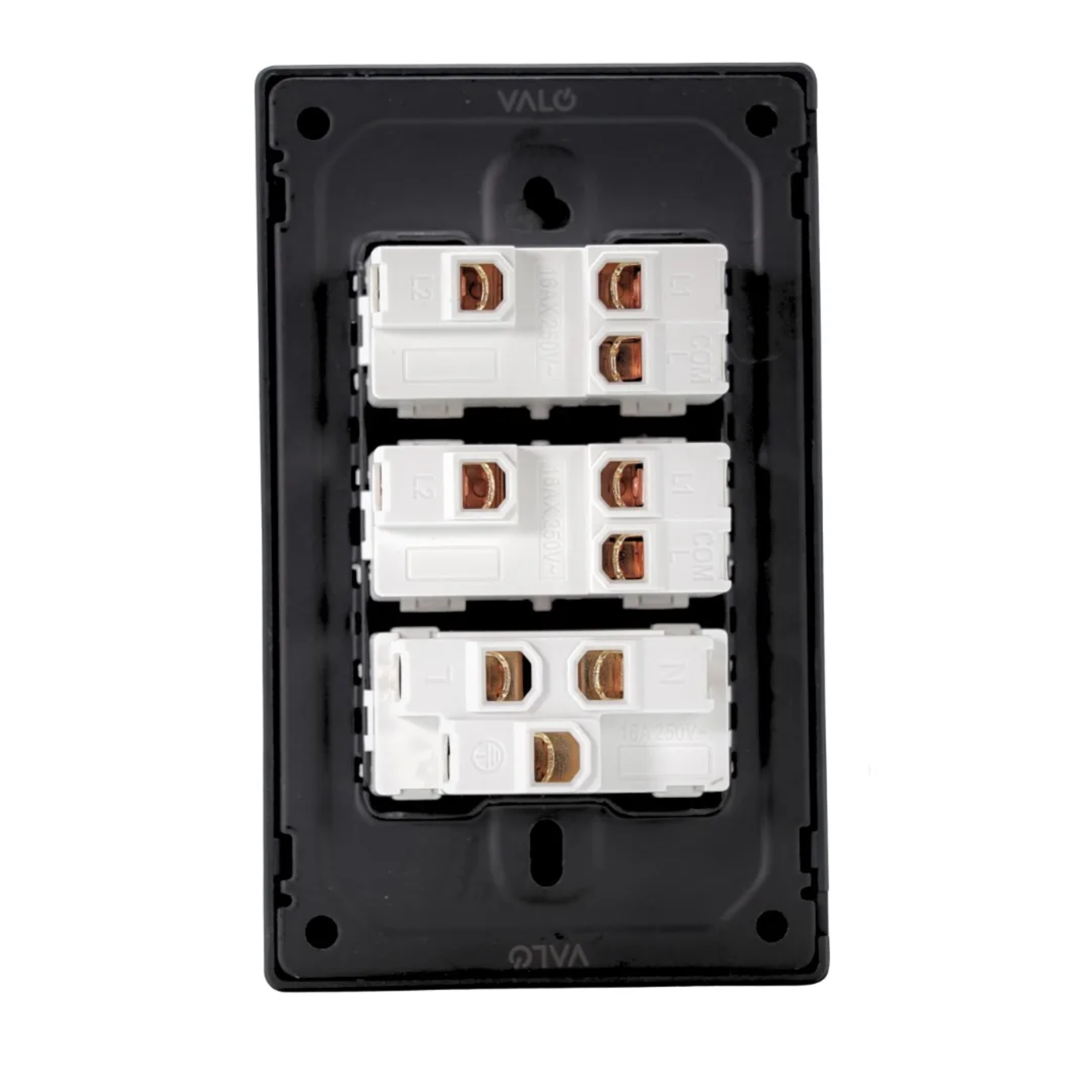 VALO | Placa con dos Interruptores y un Contacto Slim Cristal Negro