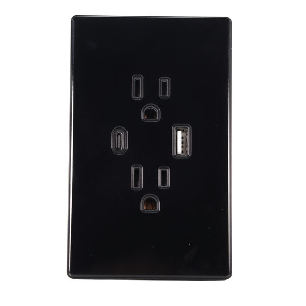 VALO | Placa con Contacto Duplex una Salida USB Y una USB-C Slim Cristal Negro